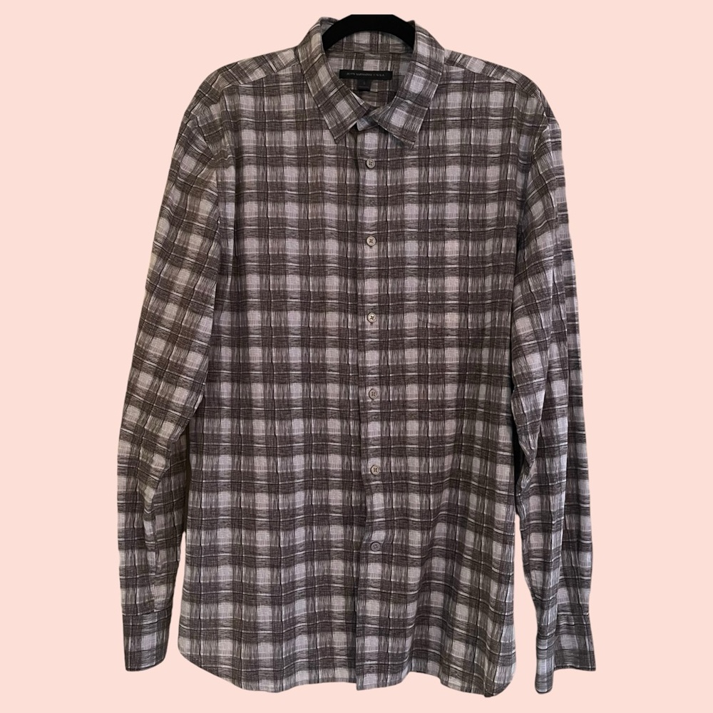 John Varvatos Grey with Brown Plaid Textured Fabric Button Down Cotton Shirt